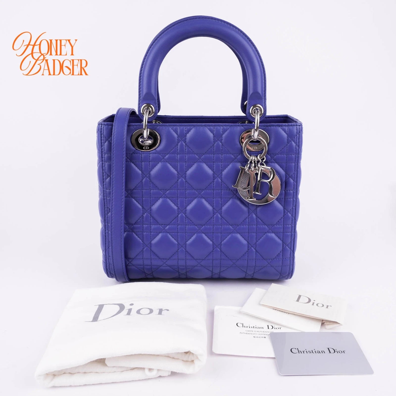 Dior Lady Dior Medium in blue lambskin, Grade A condition.