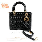 Dior Lady Dior Medium Cannage Patent Calfskin Black Gold Hardware Rank AB