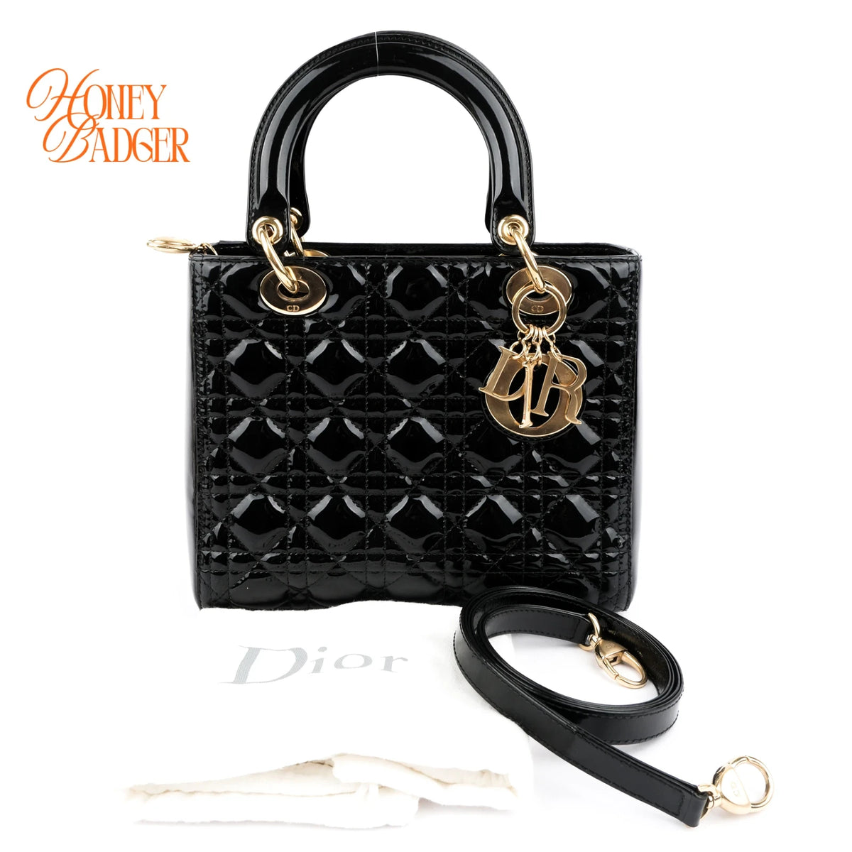 Dior Lady Dior Medium Cannage Patent Calfskin Black Gold Hardware Rank AB