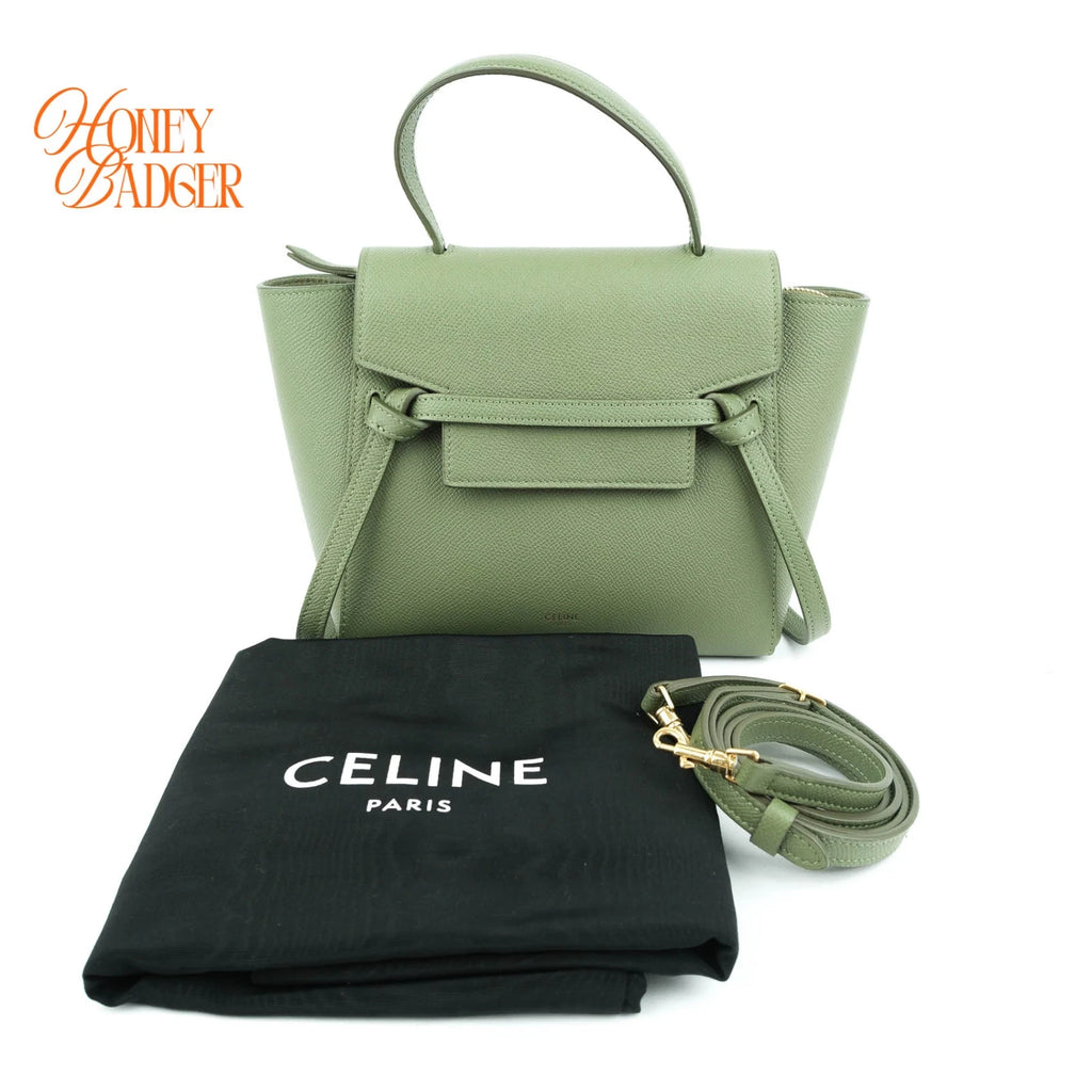 Celine Belt Bag Nano Grained Calfskin Sage Green Gold Hardware Rank A