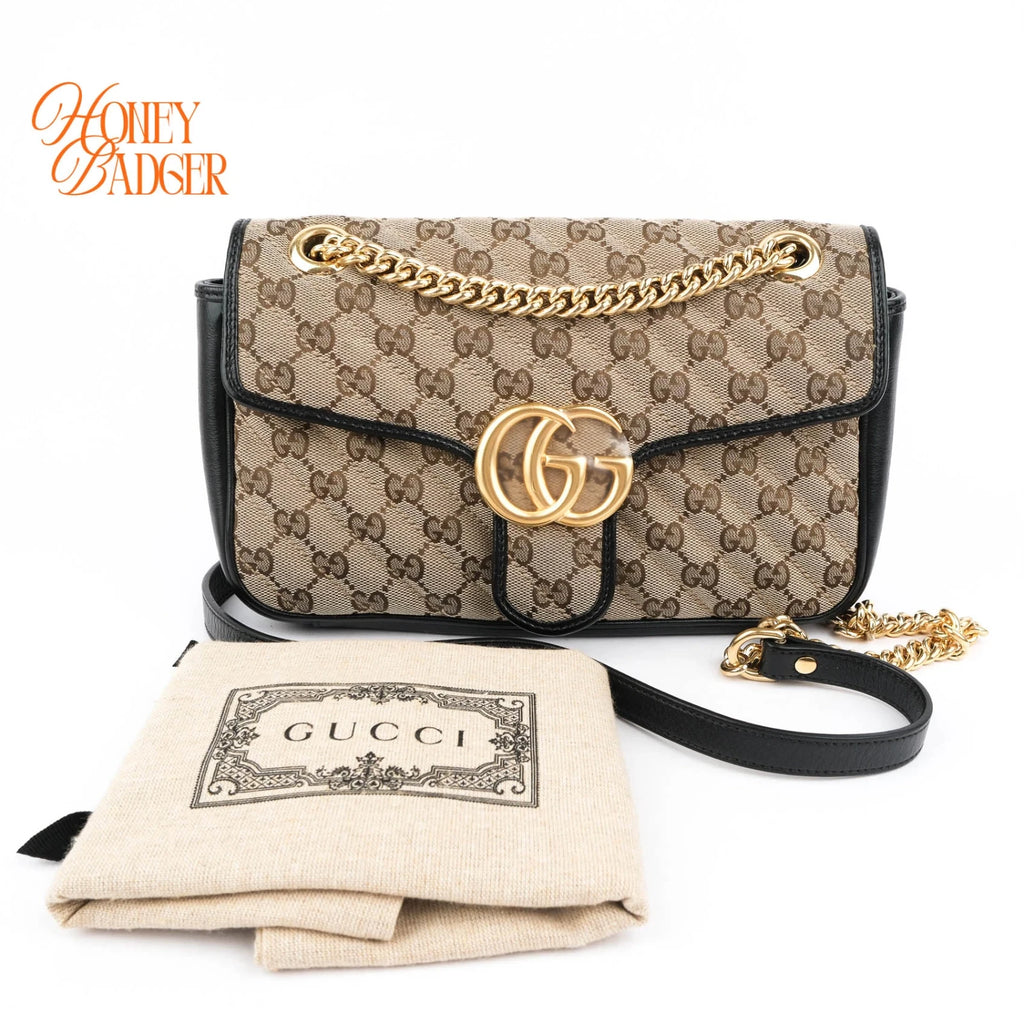 Gucci GG Marmont Small Shoulder Bag Original GG Canvas Beige/Ebony Black Leather Gold Hardware Rank A