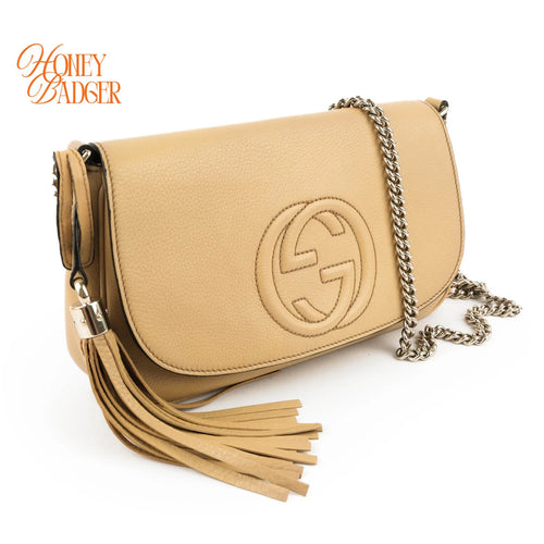 Gucci Soho Chain Shoulder Bag Beige Leather with Tassel