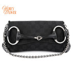 Gucci Horsebit Chain Clutch GG Canvas Black Silver Hardware Rank A