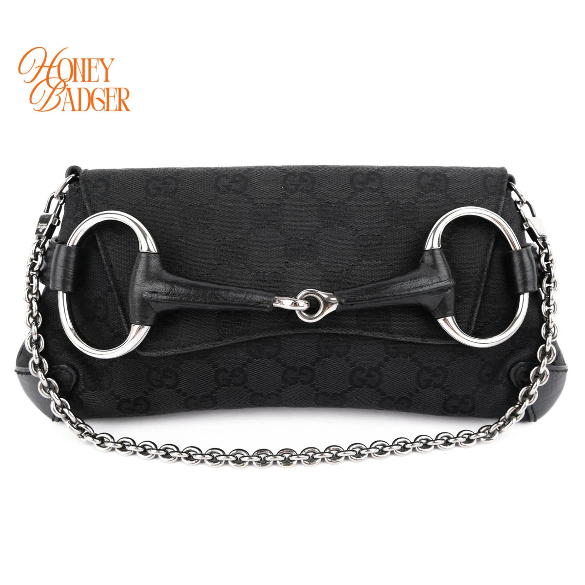 Gucci Horsebit Chain Clutch GG Canvas Black Silver Hardware Rank A