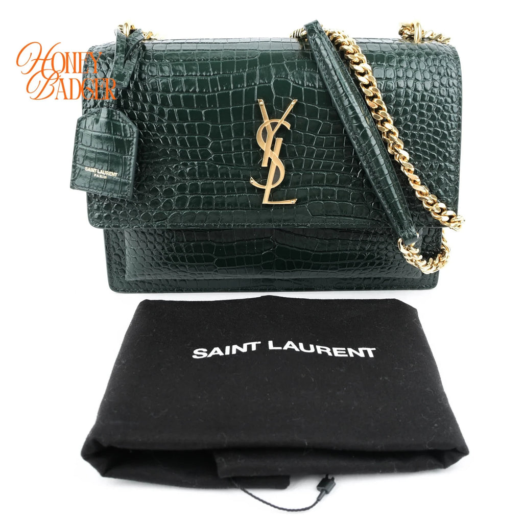 Saint Laurent Sunset Medium Croc-Embossed Leather Green Gold Hardware Rank A