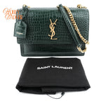 Saint Laurent Sunset Medium Croc-Embossed Leather Green Gold Hardware Rank A