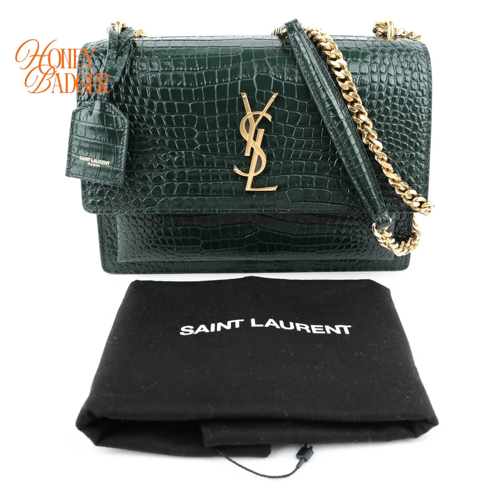 Saint Laurent Sunset Medium Croc-Embossed Leather Green Gold Hardware Rank A