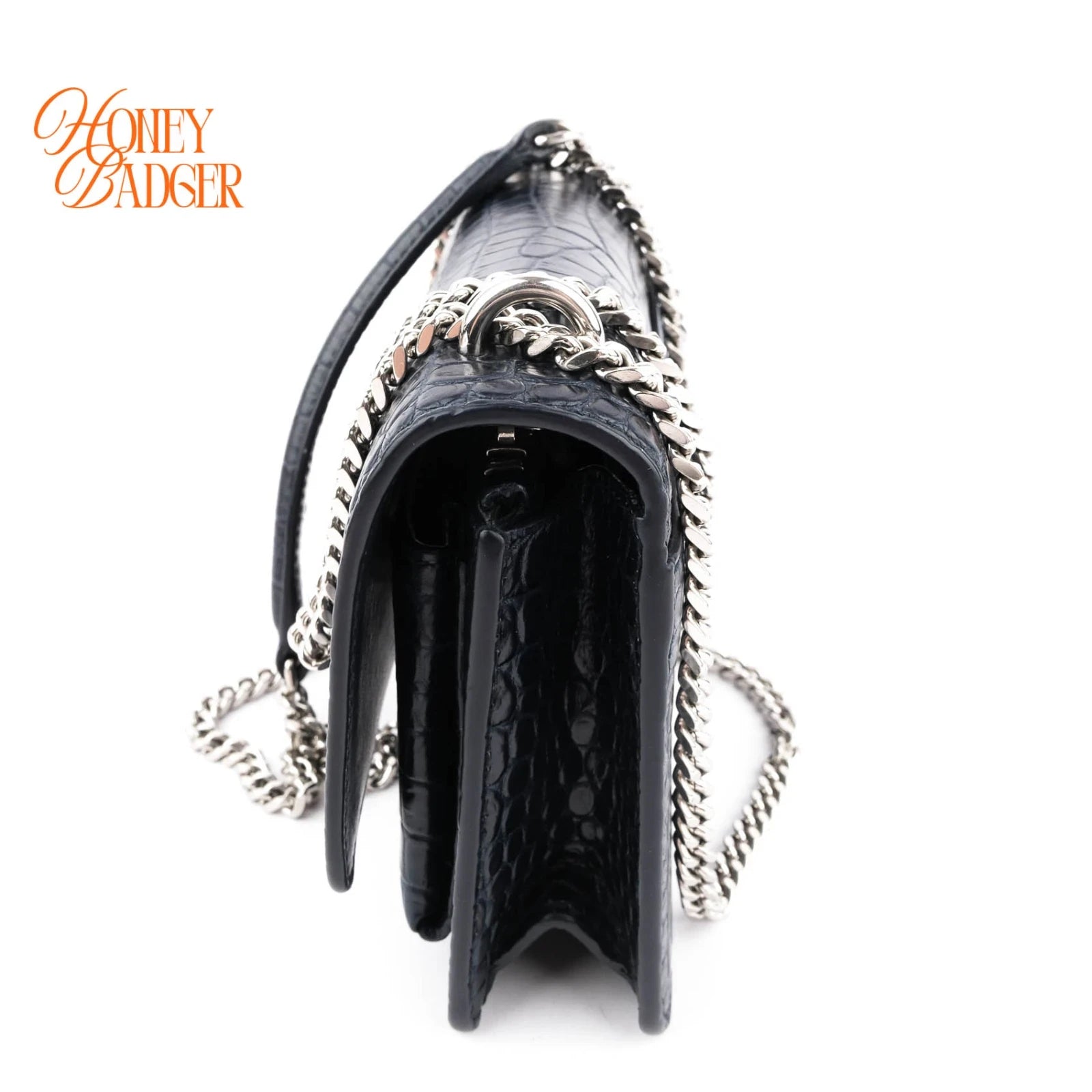 Saint Laurent Sunset Croc-Embossed Leather Navy Silver Hardware Rank A