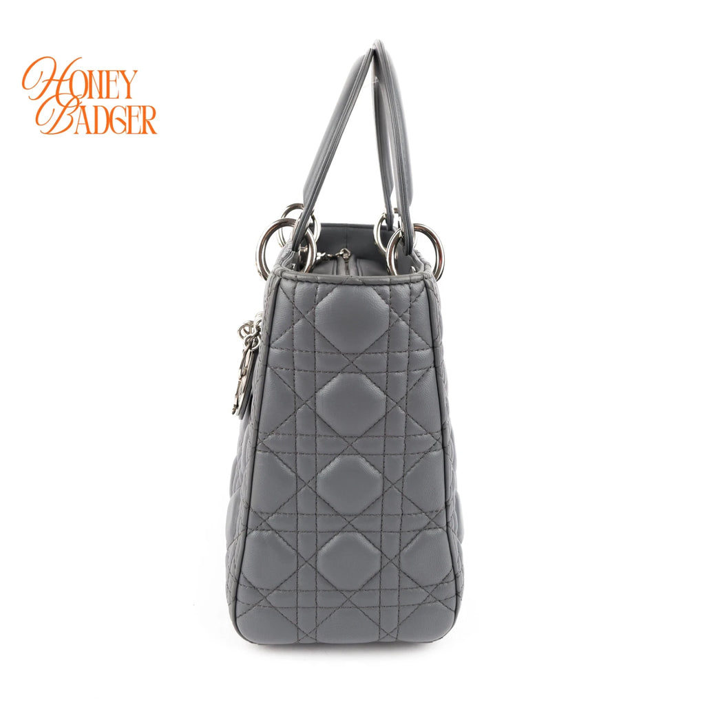 Dior Lady Dior Medium Grey Cannage Leather 2-Way Bag Rank AB