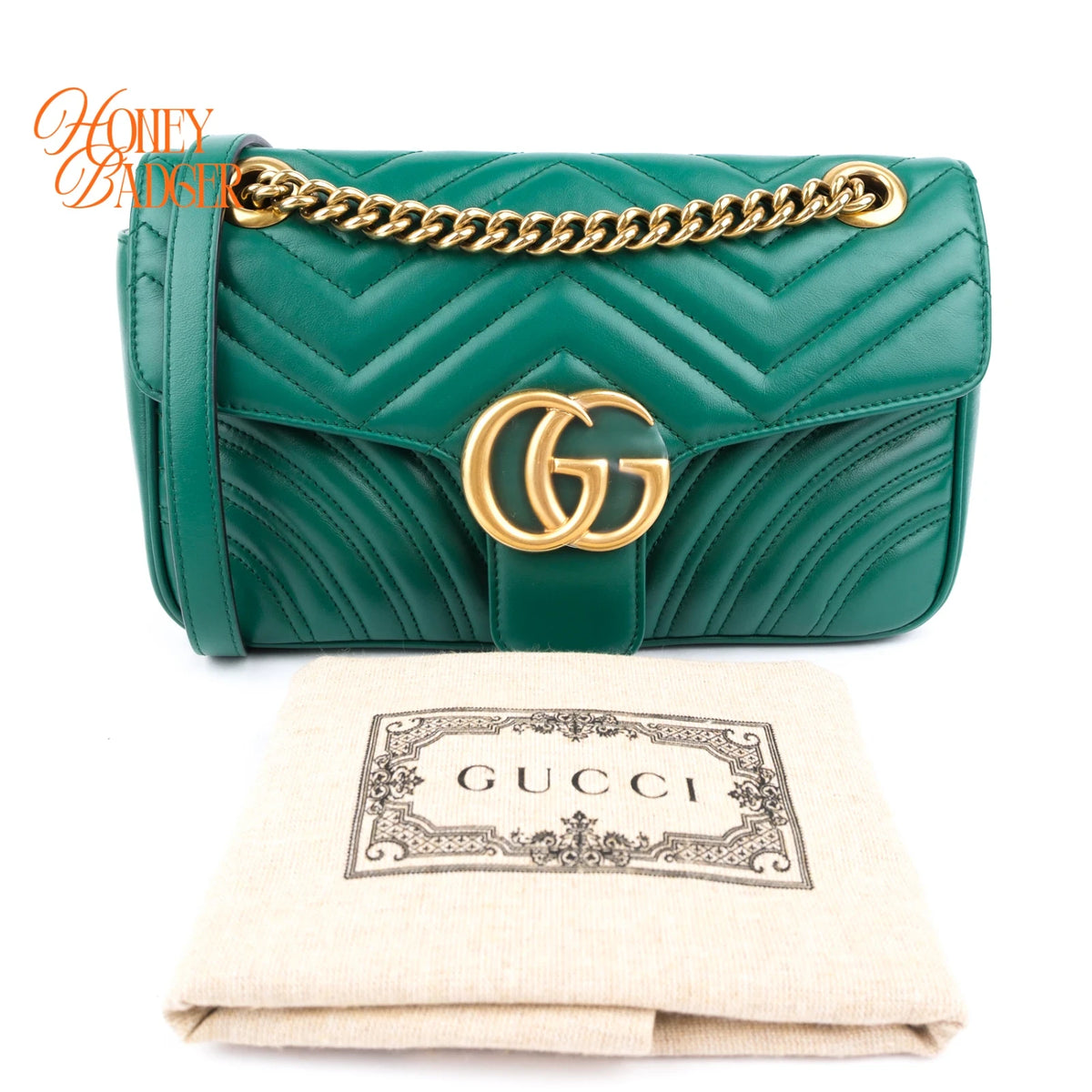 Gucci GG Marmont Small Matelassé Leather Green Antique Gold Hardware Rank A