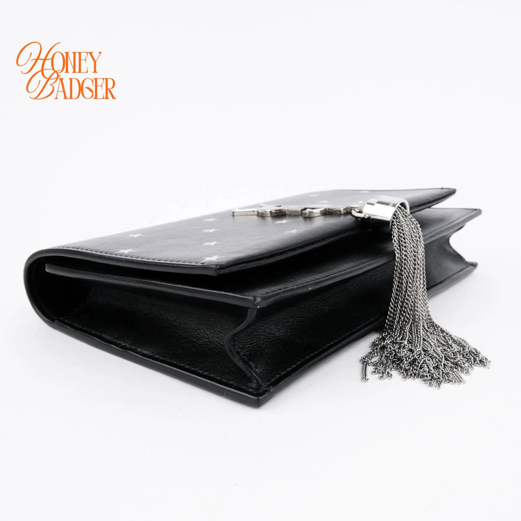 Saint Laurent Kate Small Tassel Chain Shoulder Bag Black Leather with Silver Star Print