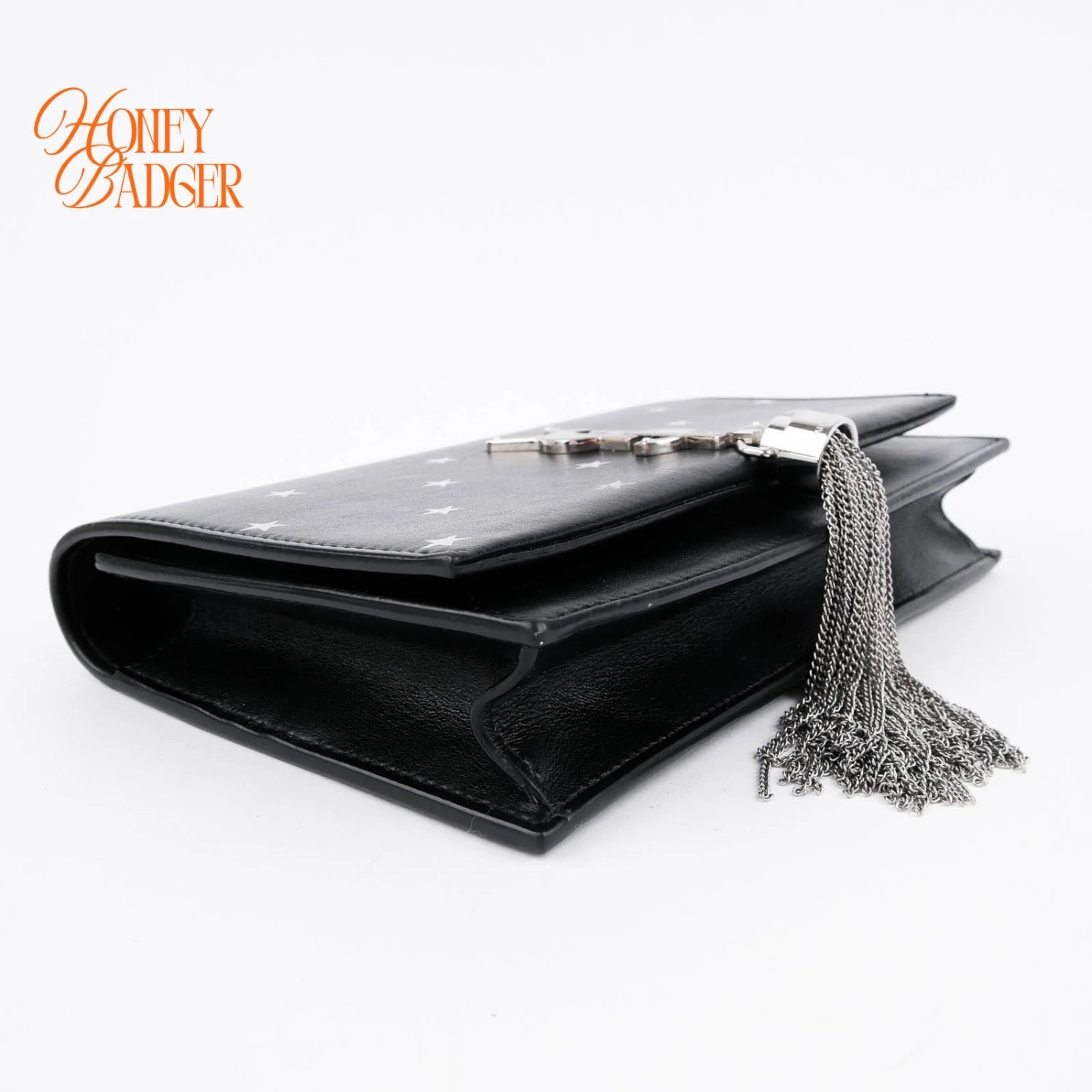 Saint Laurent Kate Small Tassel Chain Shoulder Bag Black Leather with Silver Star Print