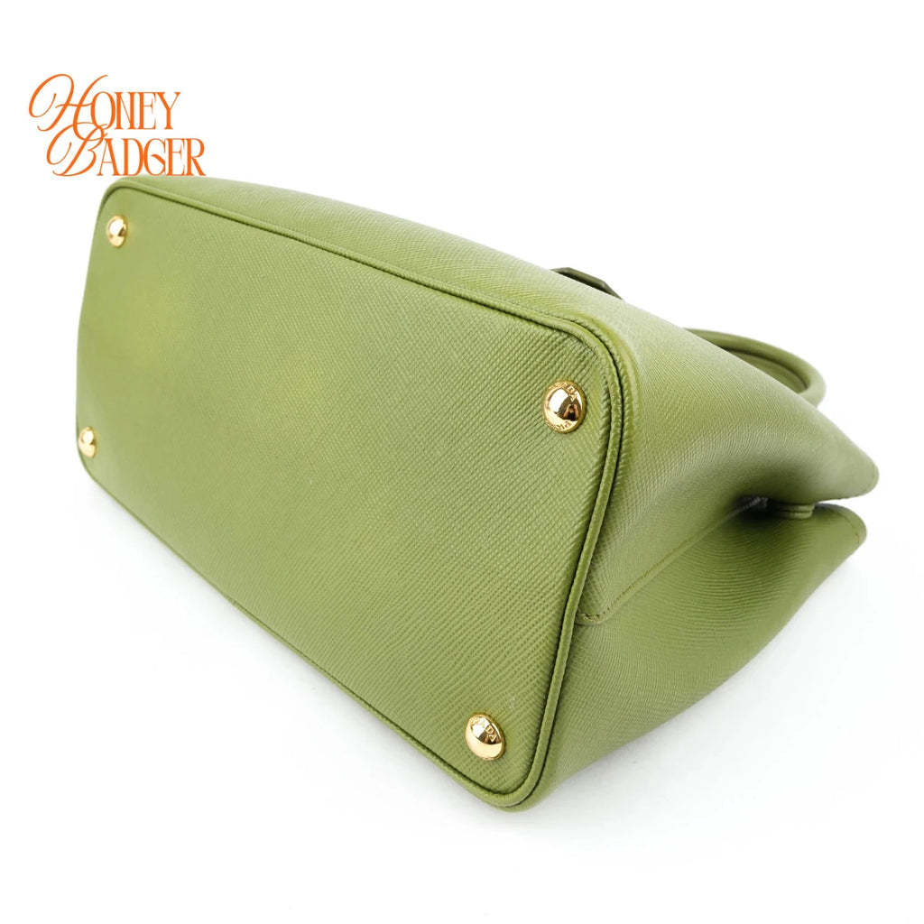 Prada Double Medium Saffiano Leather Green Gold Hardware Rank A