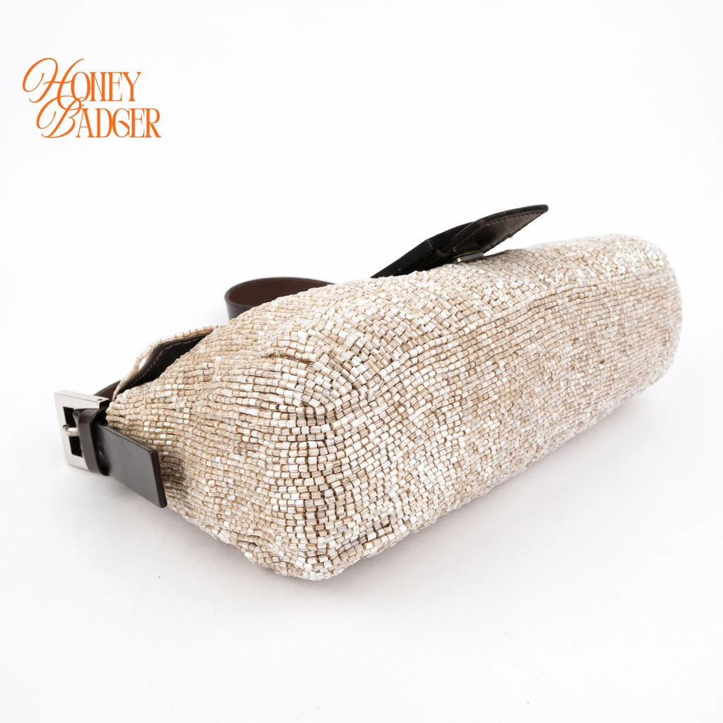 Fendi Baguette 26424 Beaded Embroidery Off-White/Dark Brown Rank B