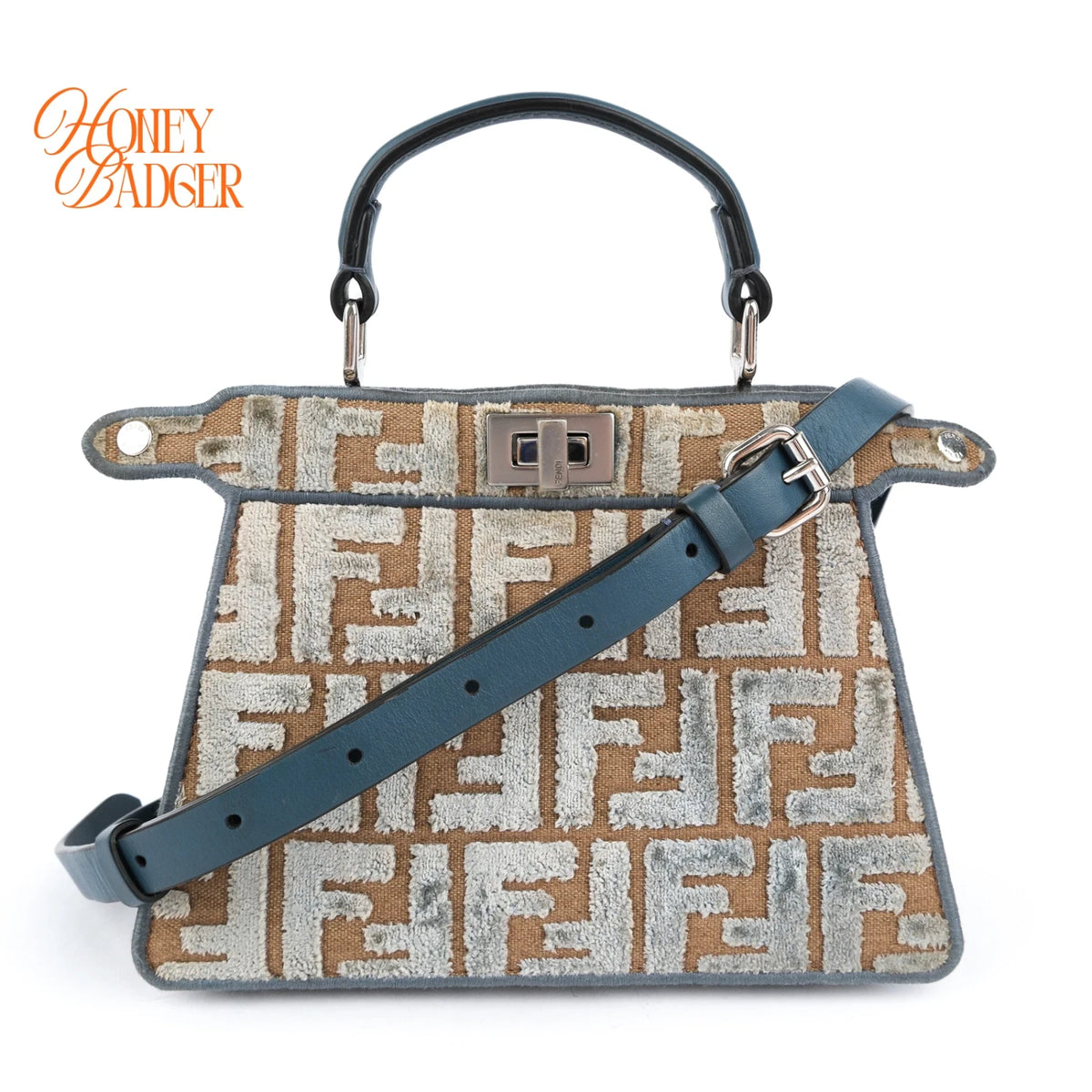 Fendi Peekaboo ISeeU FF Velvet Canvas Blue Beige 2Way Bag Rank AB
