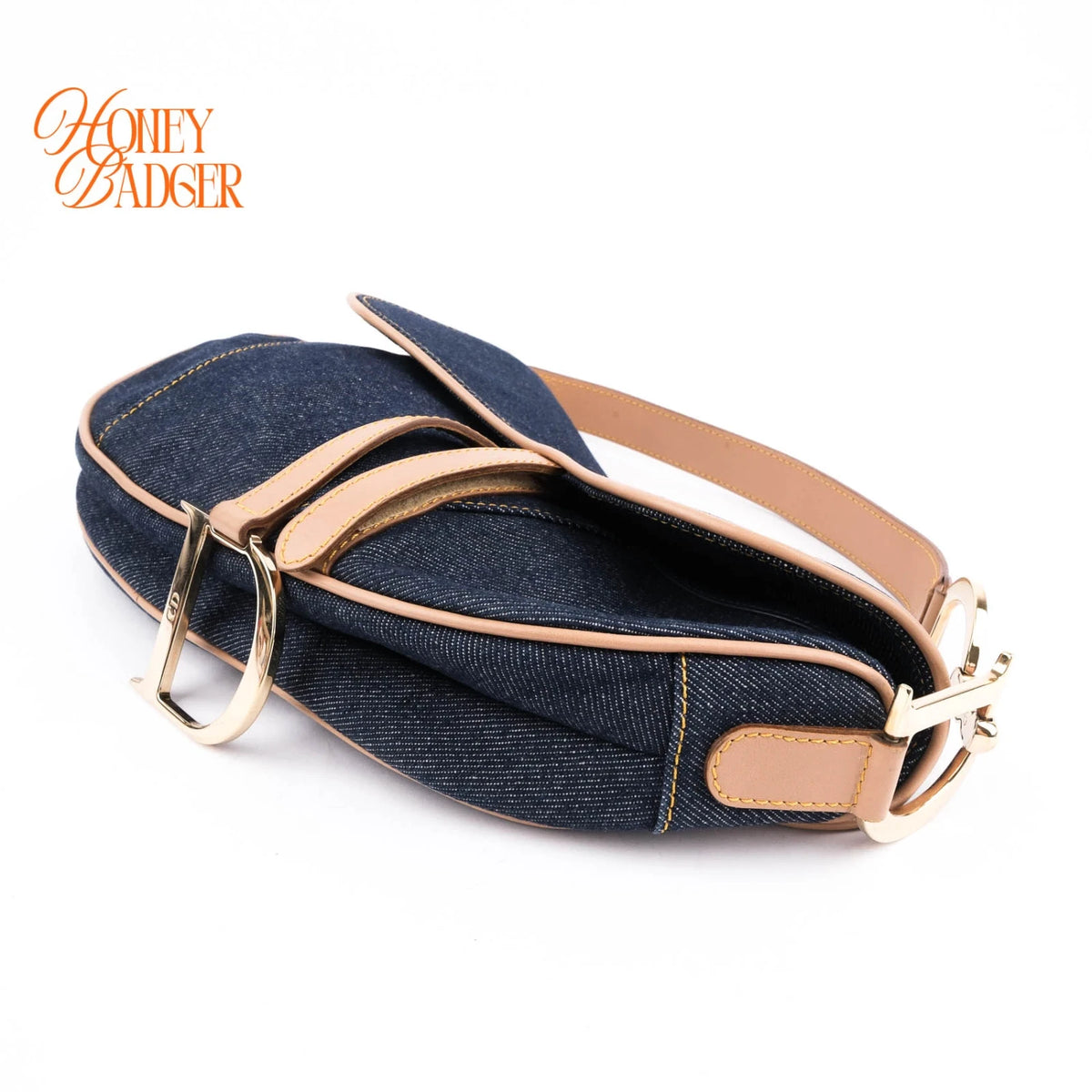Dior Saddle Denim Dark Blue Camel Leather Gold Hardware Rank A
