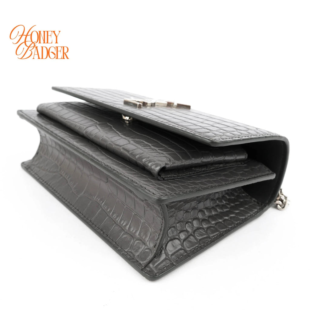 Saint Laurent Sunset Mini Chain Wallet Crocodile-Embossed Calfskin Grey Silver Hardware Rank A