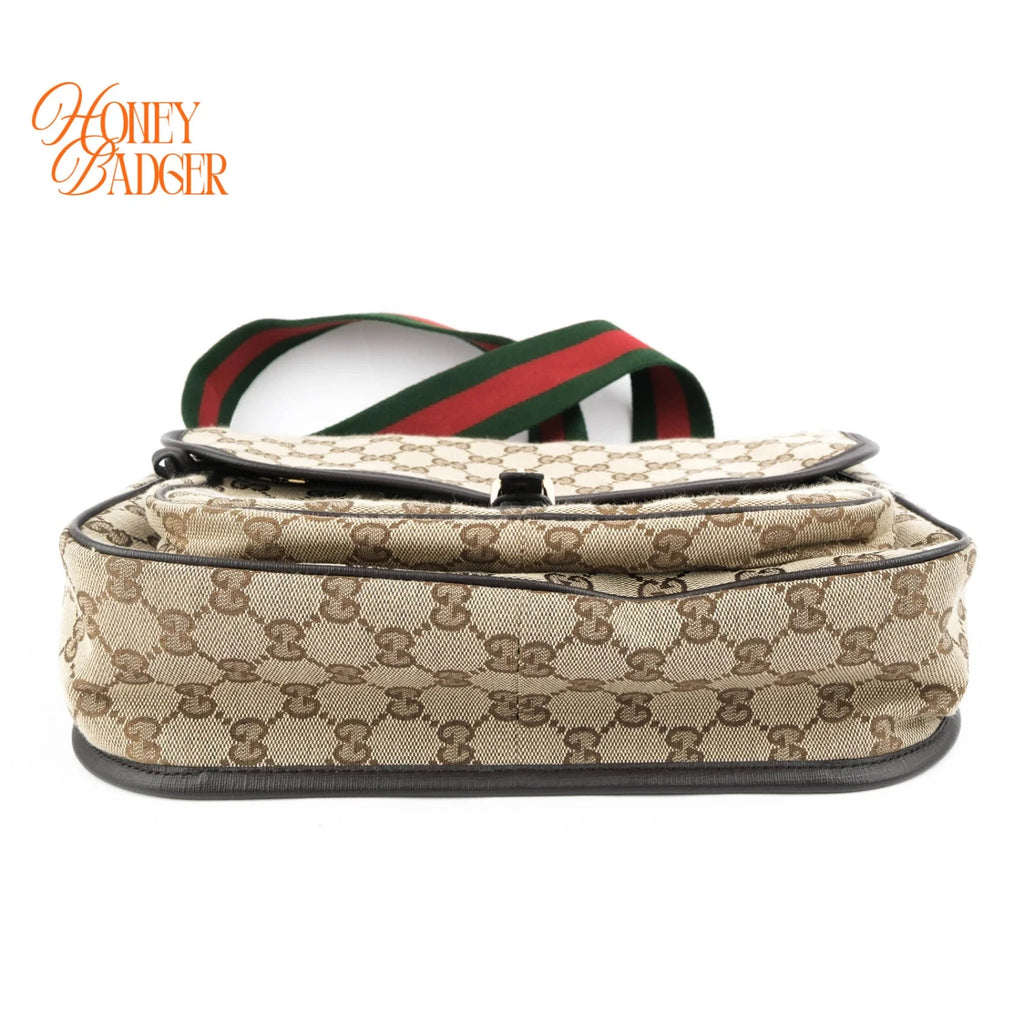 Gucci Original GG Canvas Web Single Buckle Flap Messenger Beige Rank A