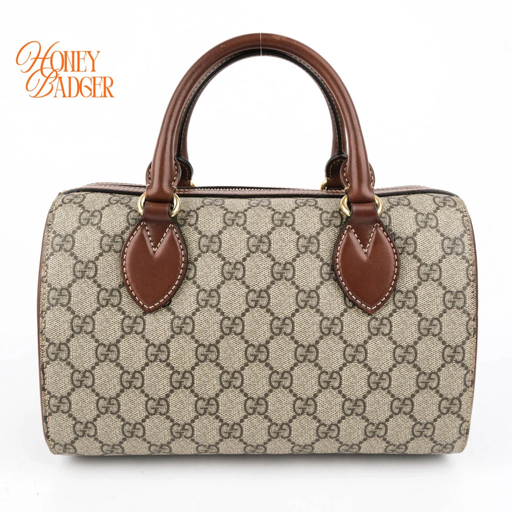 Gucci Small GG Supreme Boston Bag Beige/Ebony Brown Leather Gold Hardware Rank AB