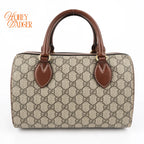 Gucci Small GG Supreme Boston Bag Beige/Ebony Brown Leather Gold Hardware Rank AB