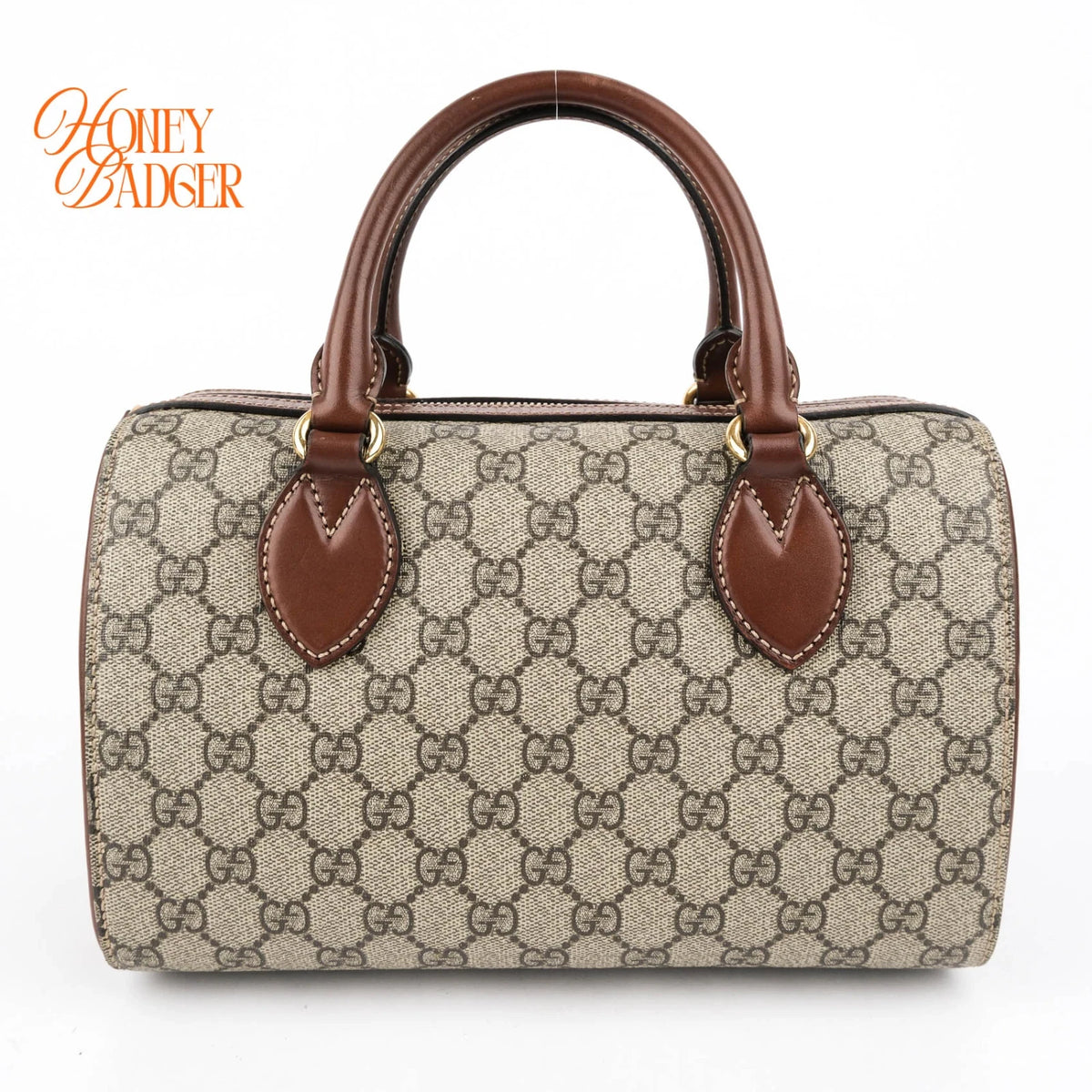 Gucci Small GG Supreme Boston Bag Beige/Ebony Brown Leather Gold Hardware Rank AB