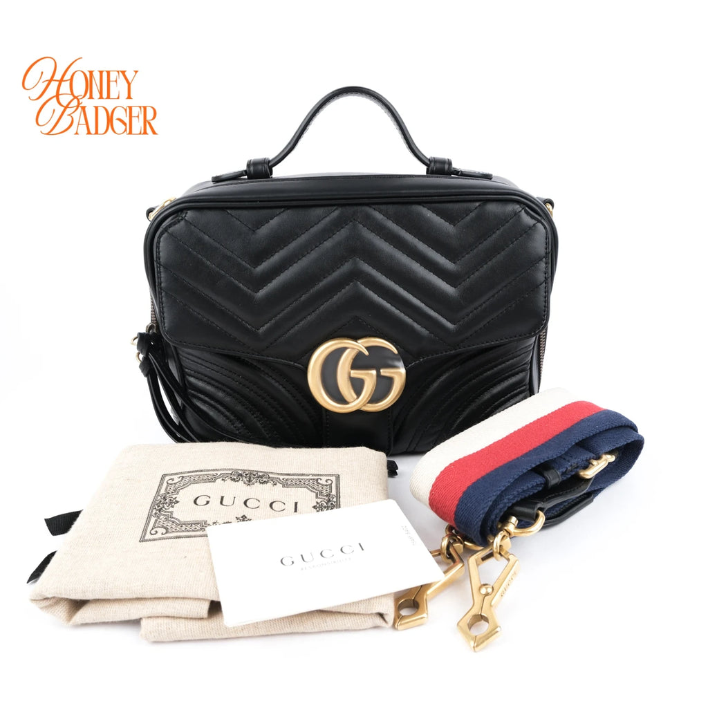 Gucci GG Marmont Top Handle Quilted Leather Black Web Strap 2-Way Bag Rank A