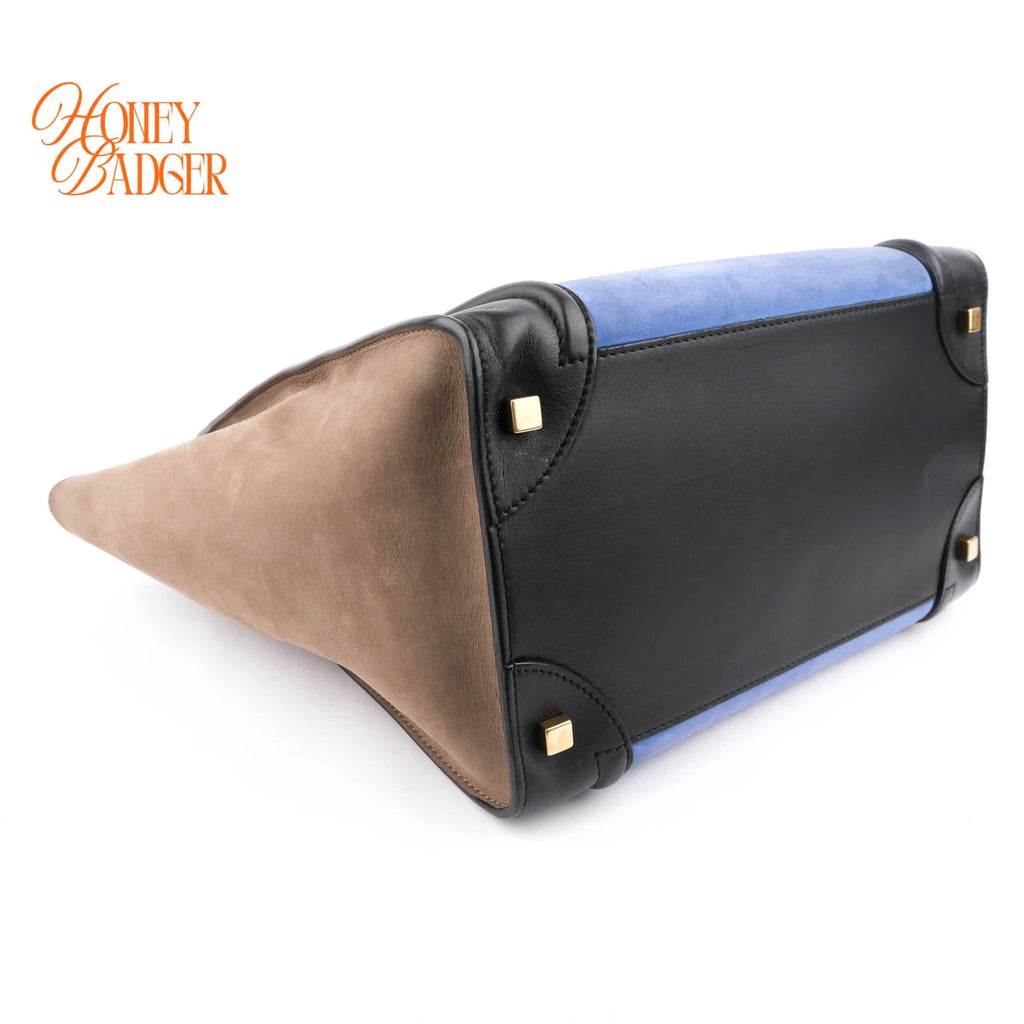 Celine Mini Luggage Tri-Color Nubuck & Calfskin Royal Blue Grey Black Gold Hardware Rank AB