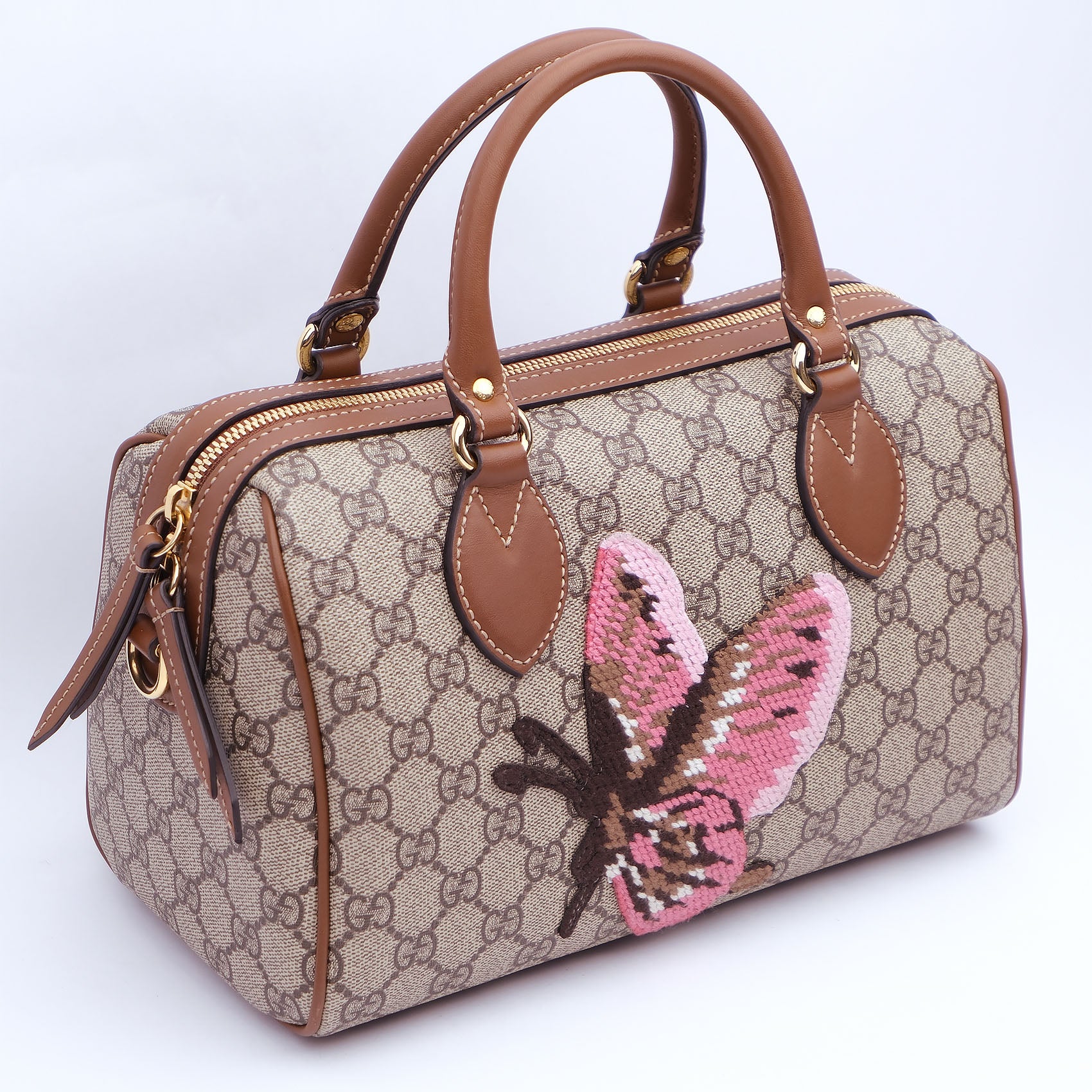 Gucci GG Supreme Linea A Boston Bag With Butterfly Embroidery