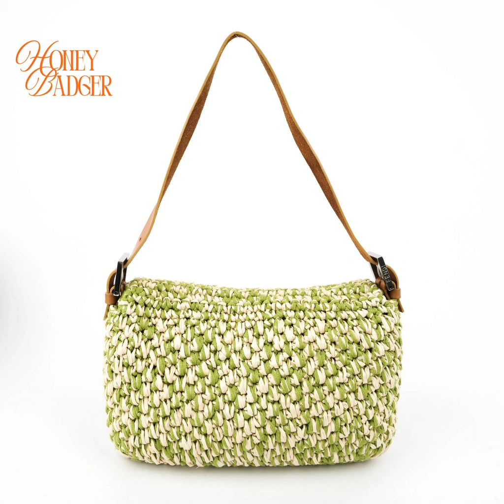Fendi Vintage Baguette 16059 Woven Raffia Green & Natural Silver Hardware Rank A