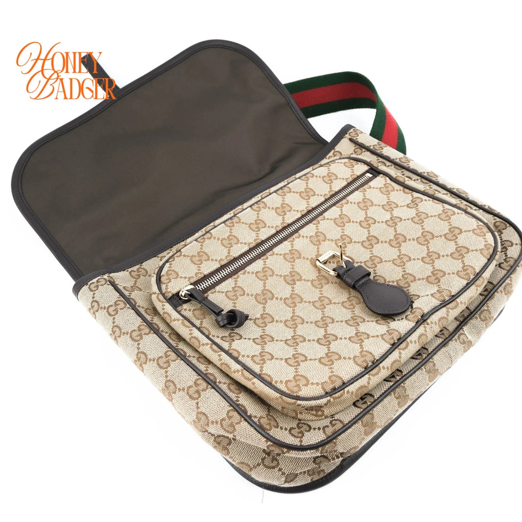 Gucci Original GG Canvas Web Single Buckle Flap Messenger Beige Rank A