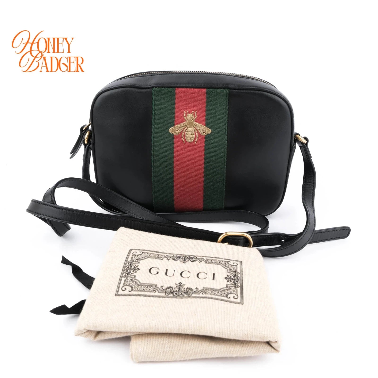Gucci Bee Web Camera Bag Leather Black Rank A