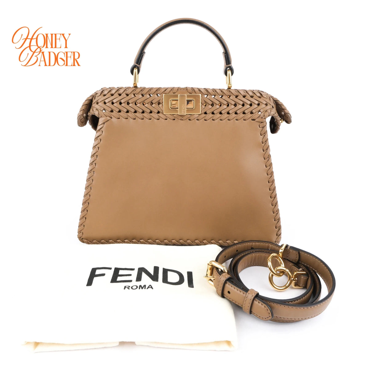 Fendi Peekaboo ISeeU Small Beige Leather Woven Detail 2-Way Bag Rank A