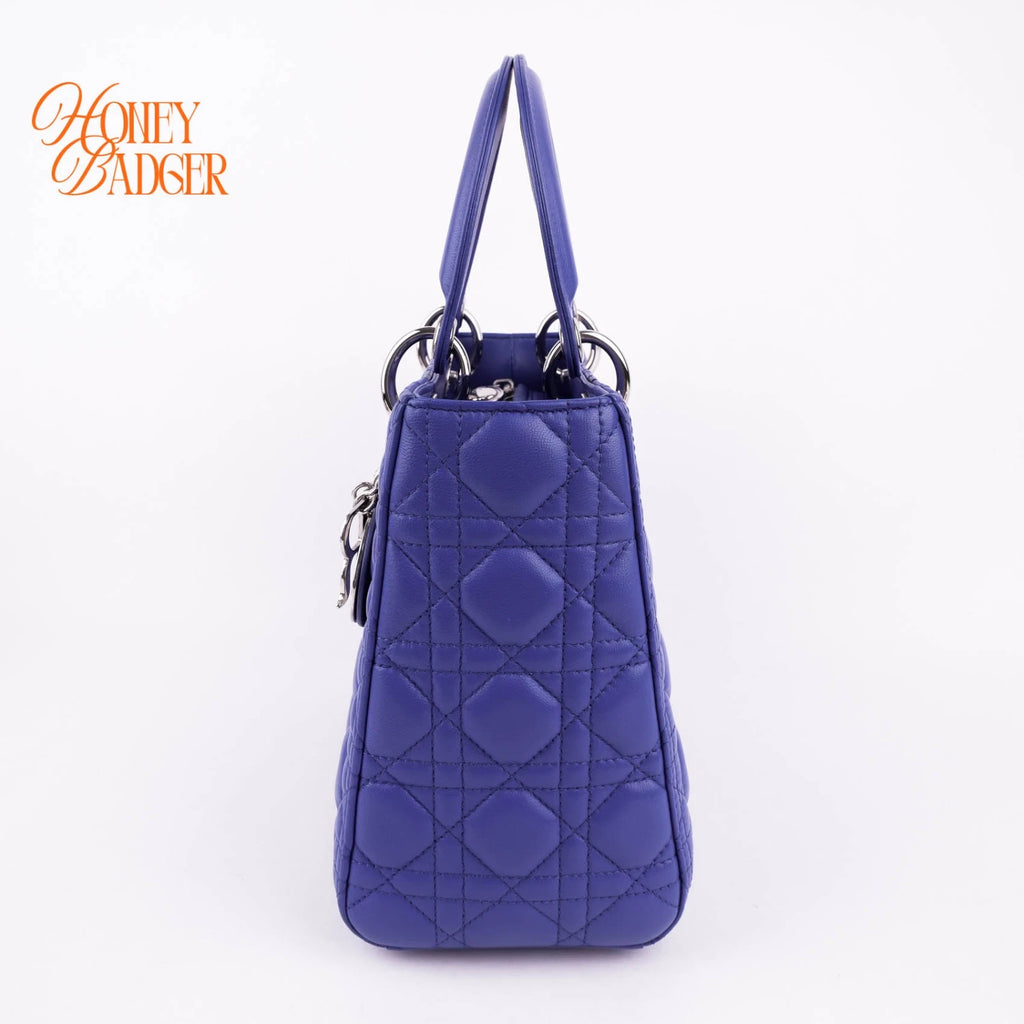 Dior Lady Dior Medium in blue lambskin, Grade A condition.