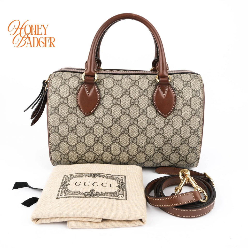 Gucci Small GG Supreme Boston Bag Beige/Ebony Brown Leather Gold Hardware Rank AB