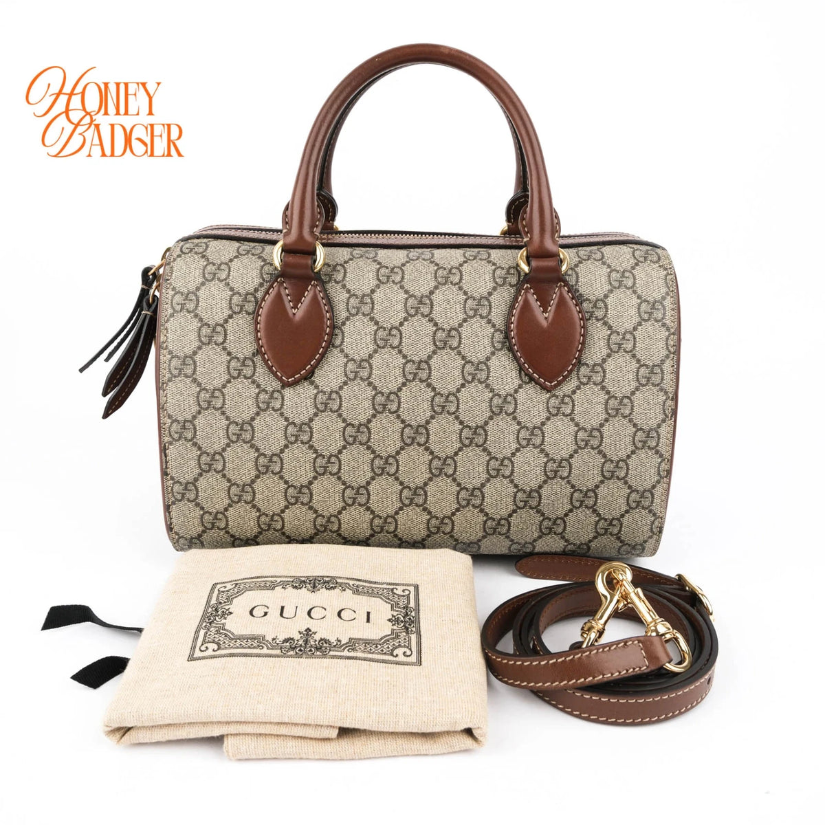 Gucci Small GG Supreme Boston Bag Beige/Ebony Brown Leather Gold Hardware Rank AB