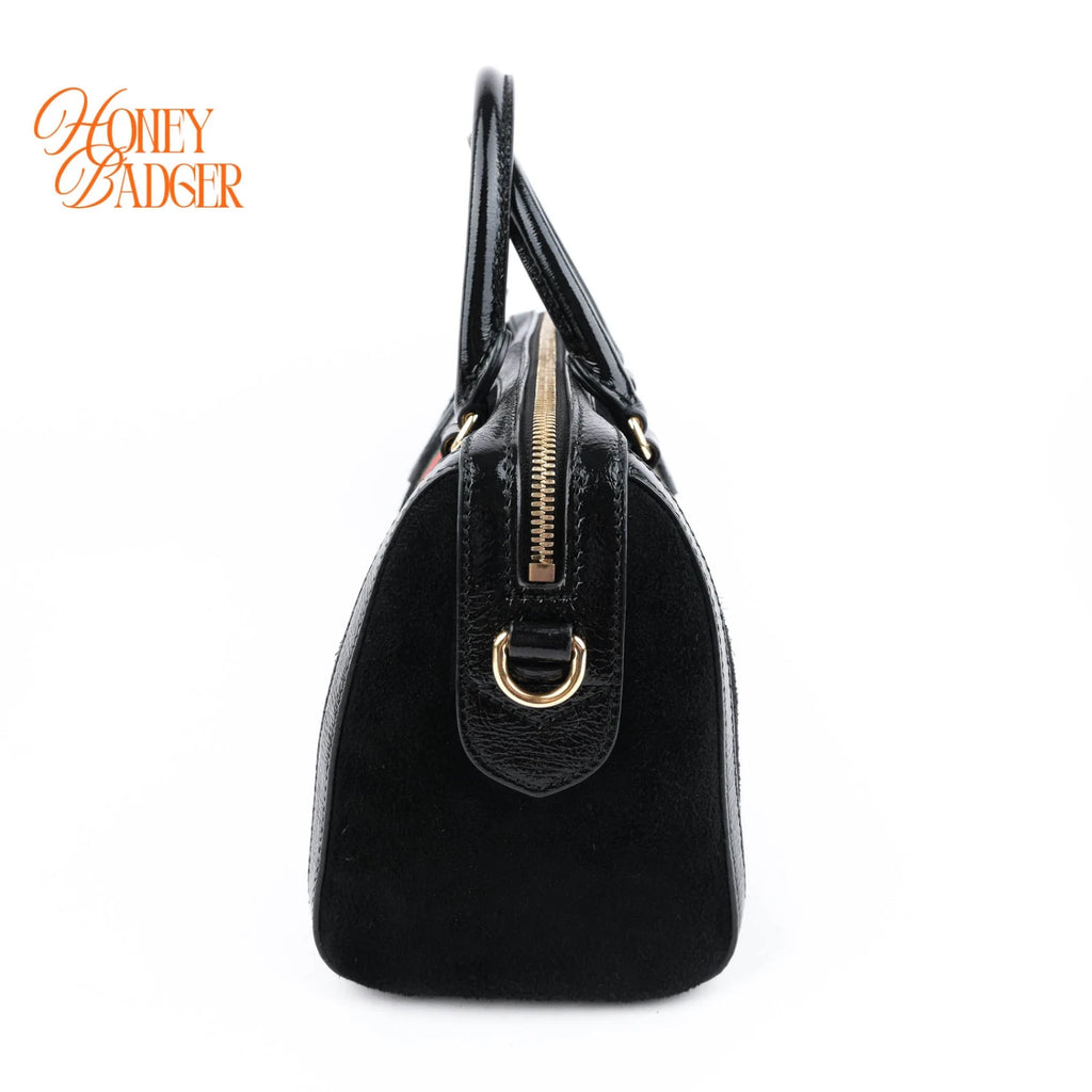 Gucci Boston Bag Large Black Suede Gold Hardware Rank A