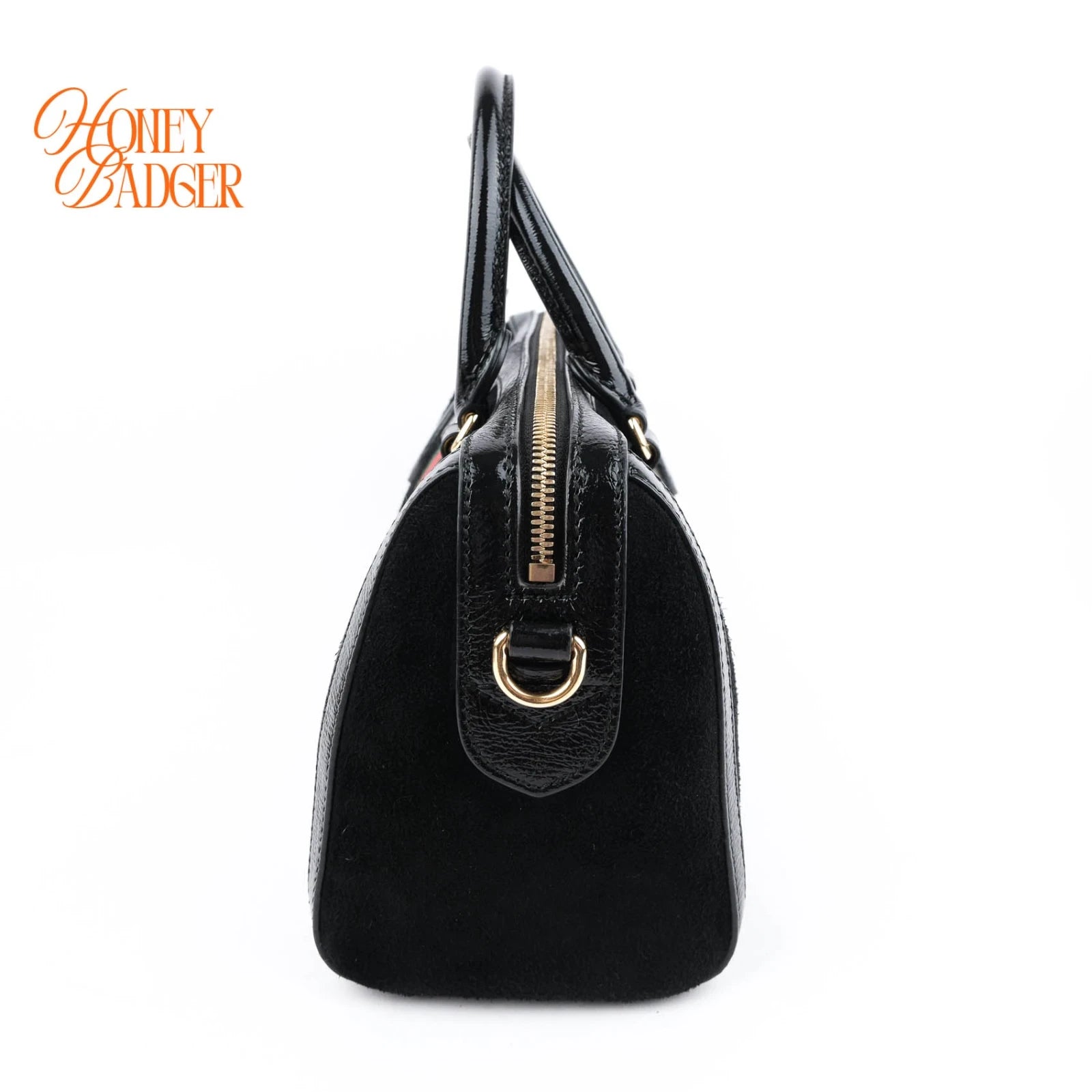 Gucci Boston Bag Large Black Suede Gold Hardware Rank A