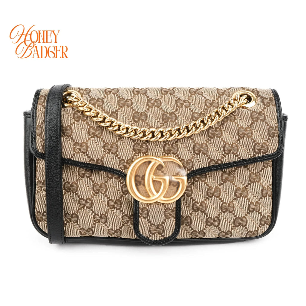 Gucci GG Marmont Small Shoulder Bag Original GG Canvas Beige/Ebony Black Leather Gold Hardware Rank A