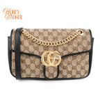 Gucci GG Marmont Small Shoulder Bag Original GG Canvas Beige/Ebony Black Leather Gold Hardware Rank A