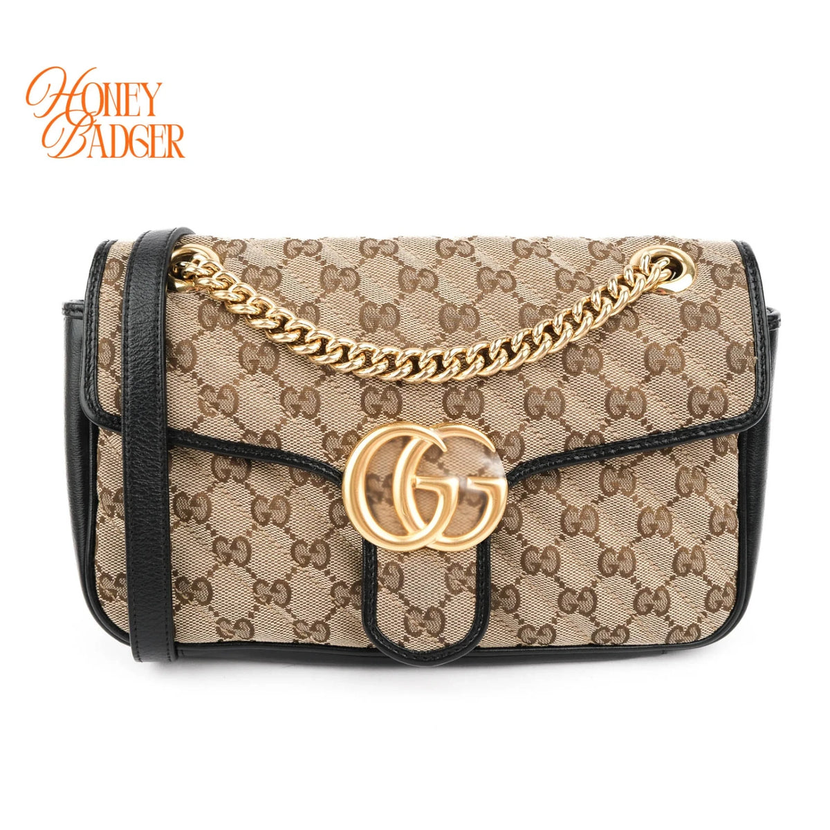 Gucci GG Marmont Small Shoulder Bag Original GG Canvas Beige/Ebony Black Leather Gold Hardware Rank A