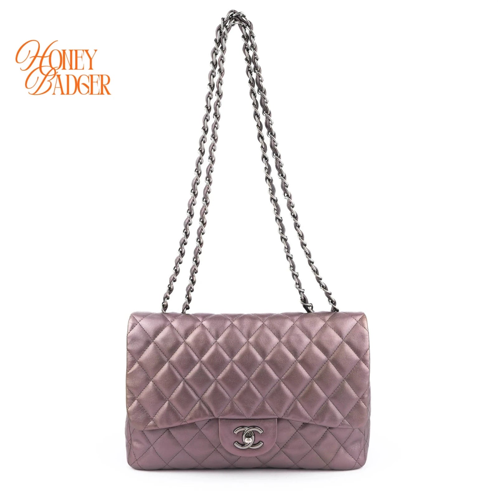 Chanel Classic Flap Jumbo Lambskin Metallic Grey Purple Rank AB