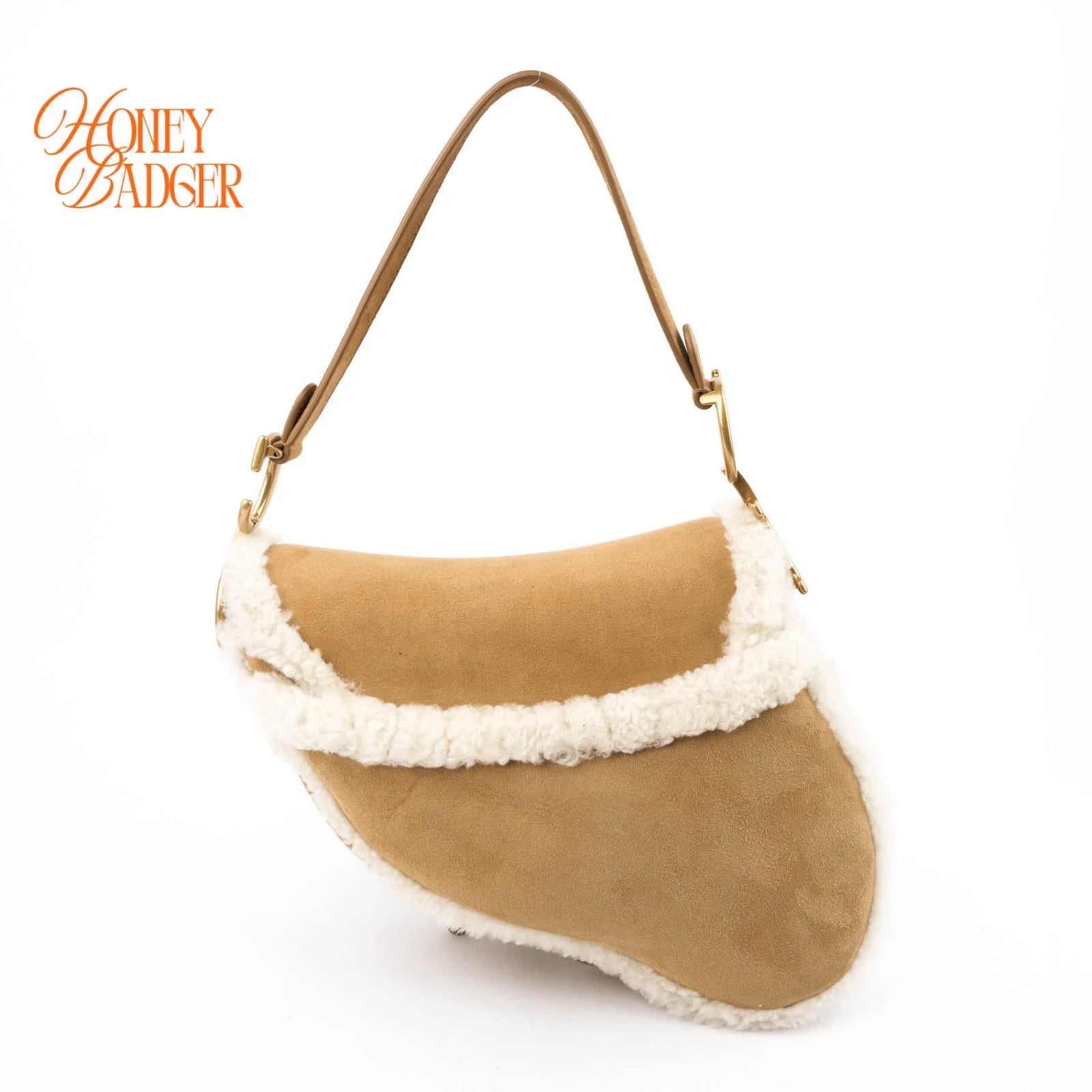 Dior Saddle Bag Camel Shearling Suede Antique Gold Hardware Rank A