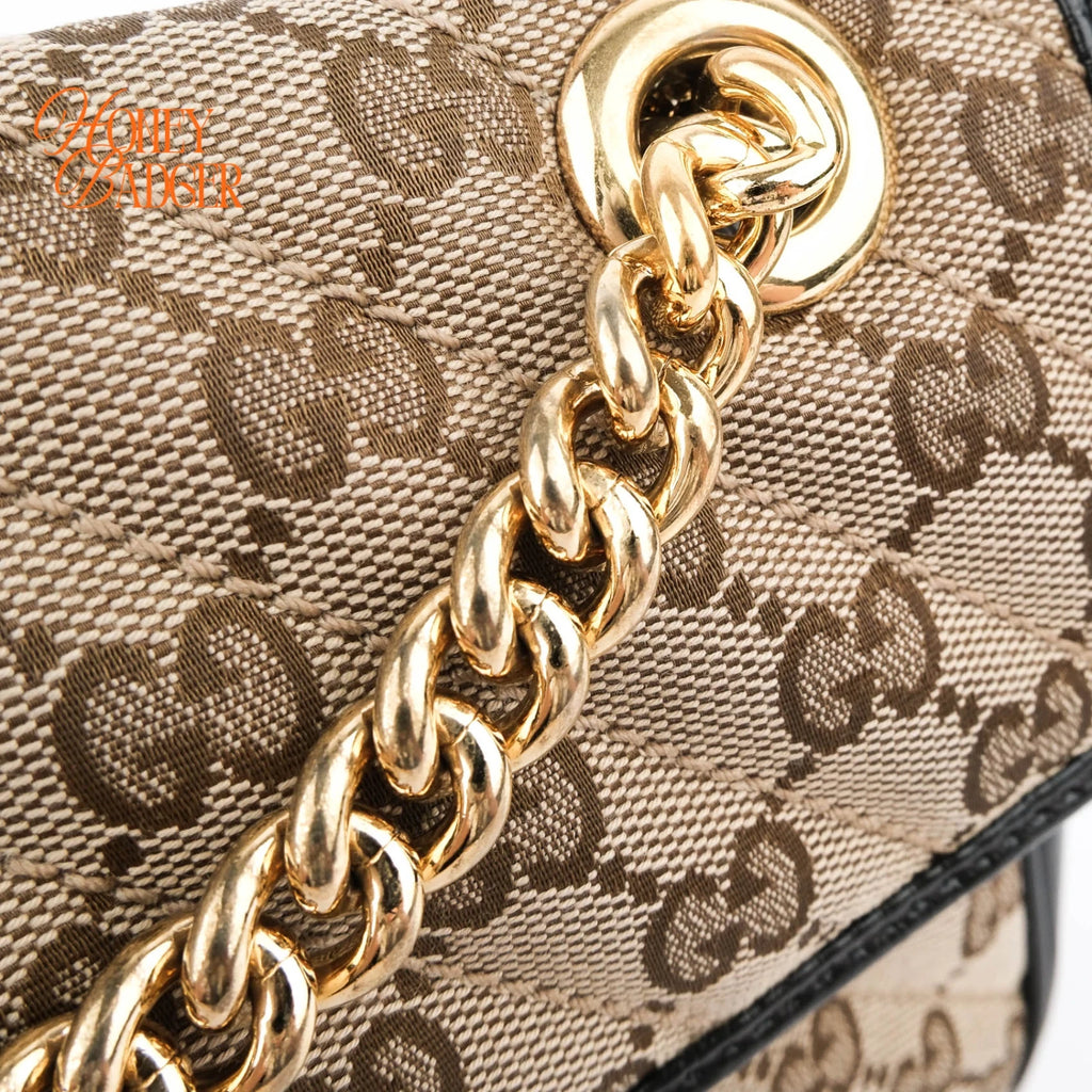 Gucci GG Marmont Small Shoulder Bag Original GG Canvas Beige/Ebony Black Leather Gold Hardware Rank A