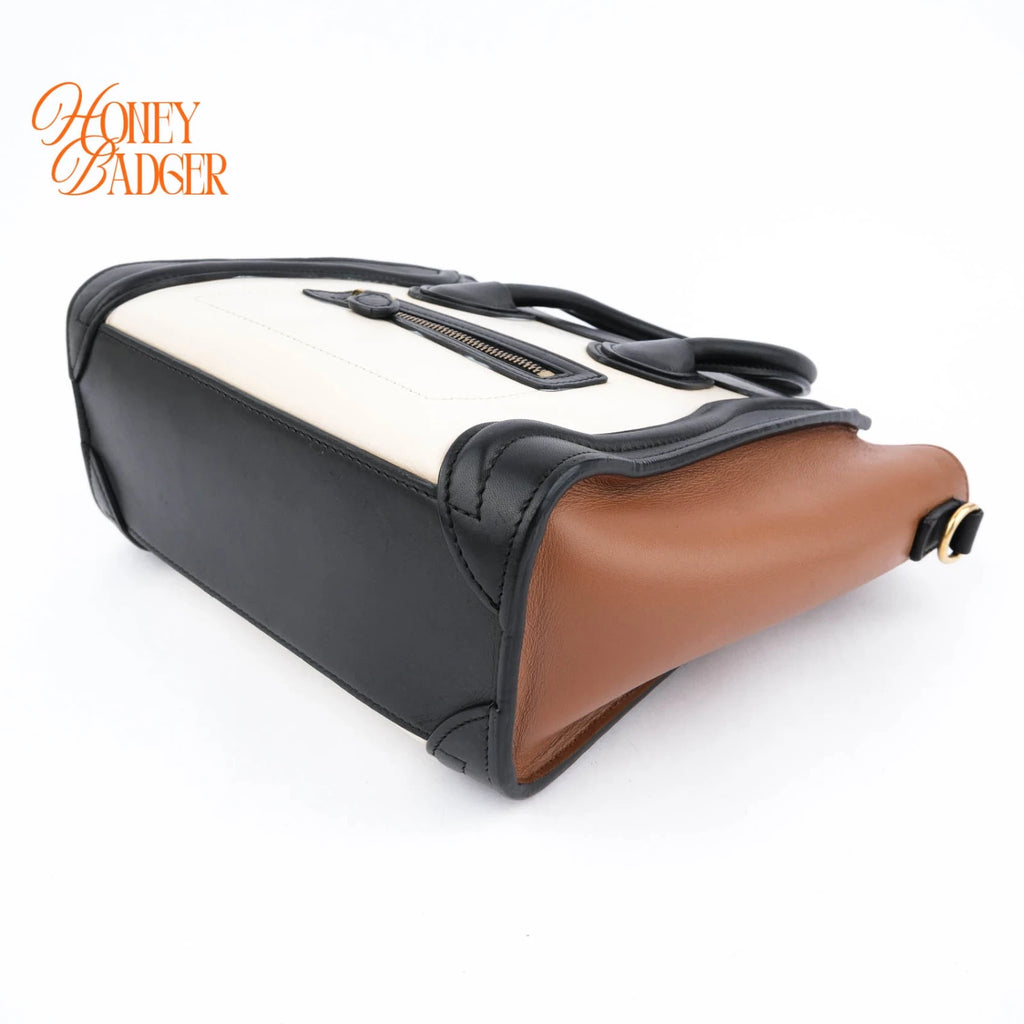 Celine Luggage Nano Leather Tricolor Black White Brown Rank A