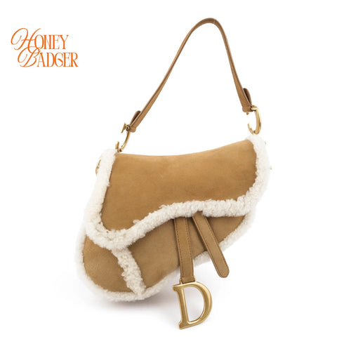 Dior Saddle Bag Camel Shearling Suede Antique Gold Hardware Rank A