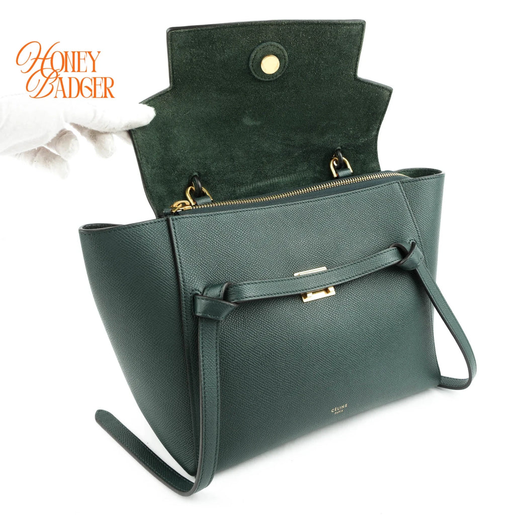 Celine Belt Bag Mini Grained Calfskin Amazone Dark Green Gold Hardware Rank AB