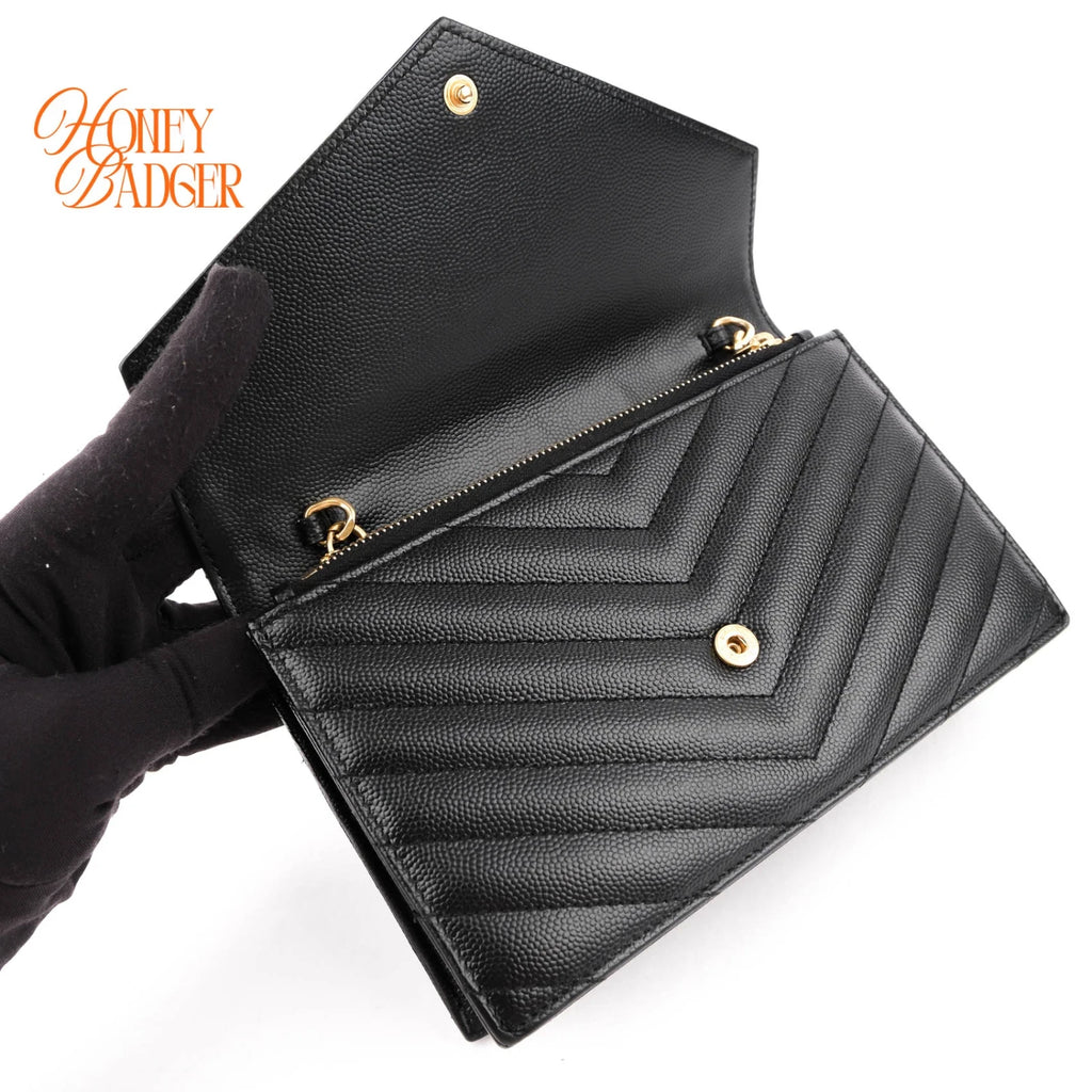 Saint Laurent Cassandre Envelope Chain Wallet Grain de Poudre Leather Black Gold Hardware Rank A