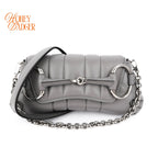Gucci Horsebit Chain Small Shoulder Bag Quilted Calfskin Grey Palladium Hardware Rank A