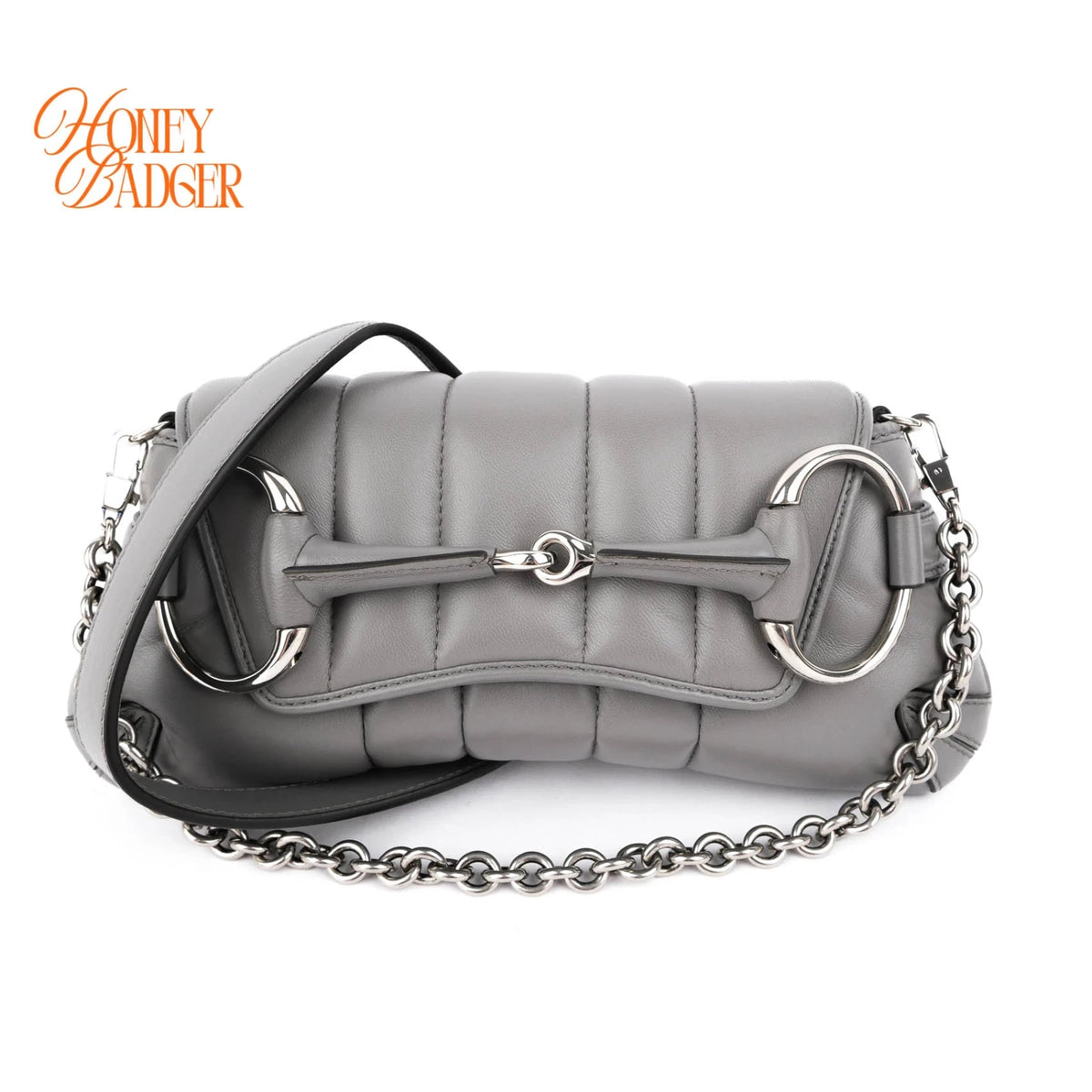 Gucci Horsebit Chain Small Shoulder Bag Quilted Calfskin Grey Palladium Hardware Rank A