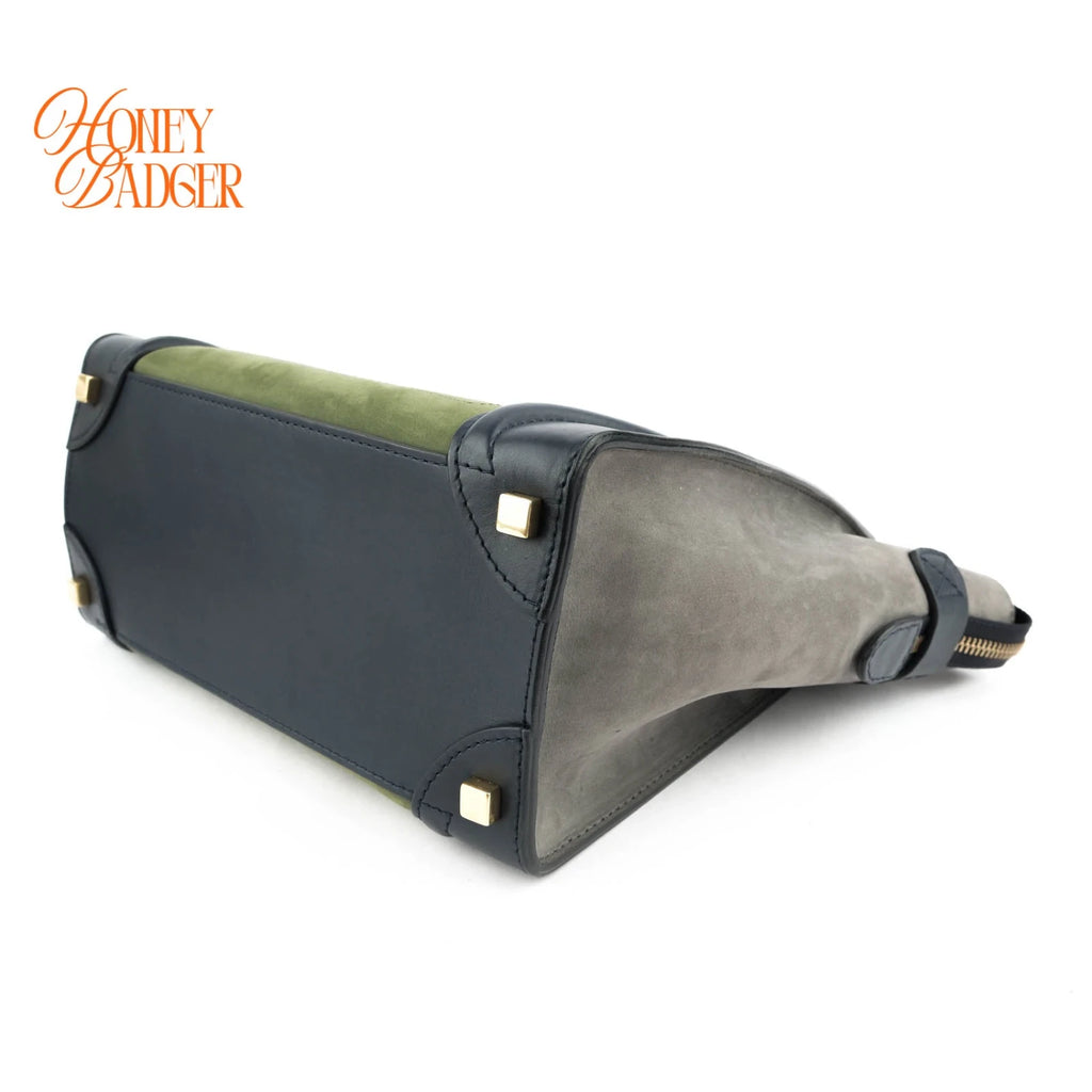 Celine Micro Luggage Tri-Color Suede & Calfskin Navy Green Grey Rank A